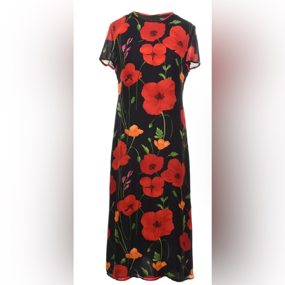 Vintage Floral Poppy Print Silk Maxi Dress